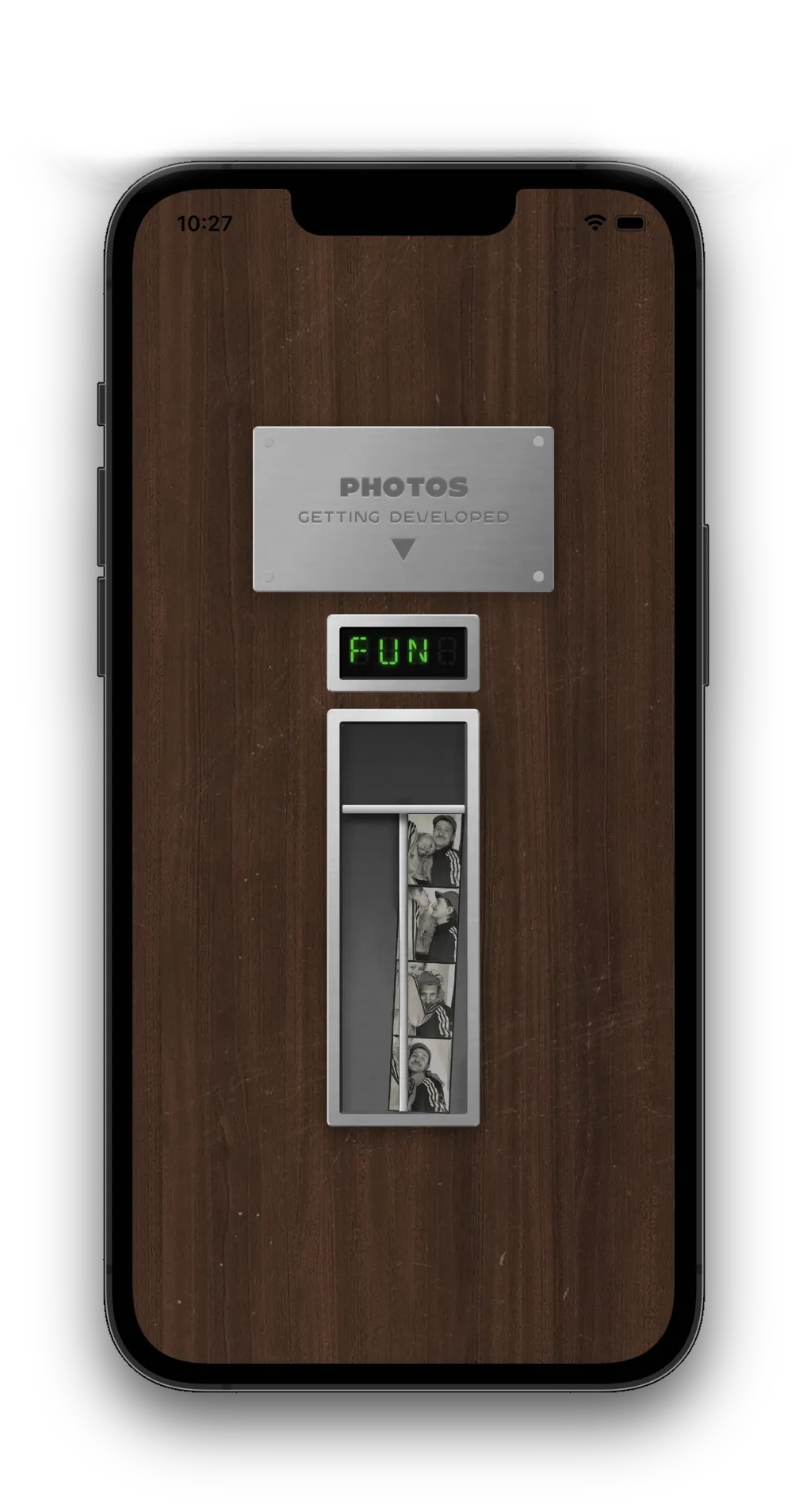 Photo strip being developed in the Photoautomat vintage photo booth app